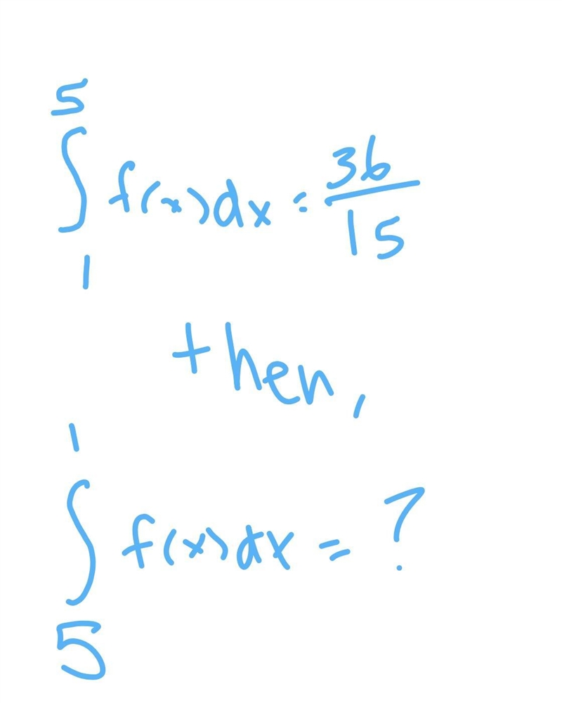 If integral 1 to 5 f(x)dx =36/15 what is the value of integral from 5 to 1 f(x)dx-example-1