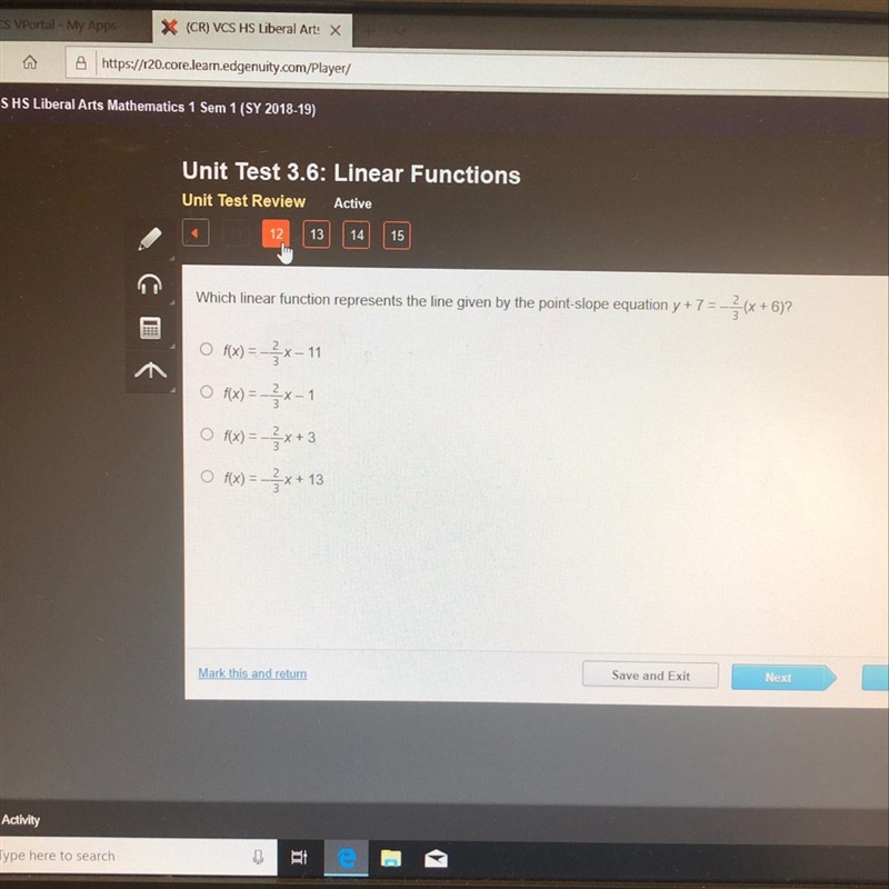 What linear function represents the line given by the point slope equation y+7= 2/3(x-example-1