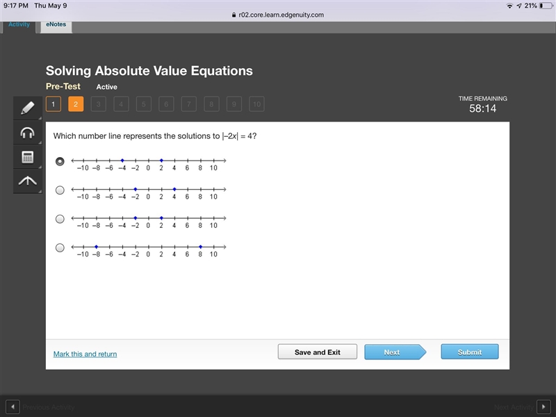 Which number line represents the solutions to |–2x| = 4?-example-1