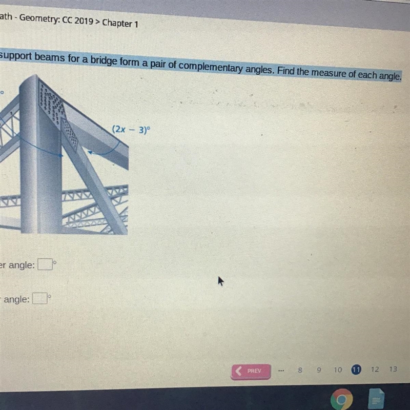 Three support beams form a pair of complementary angles (x+3 (2x-3). Find the measure-example-1