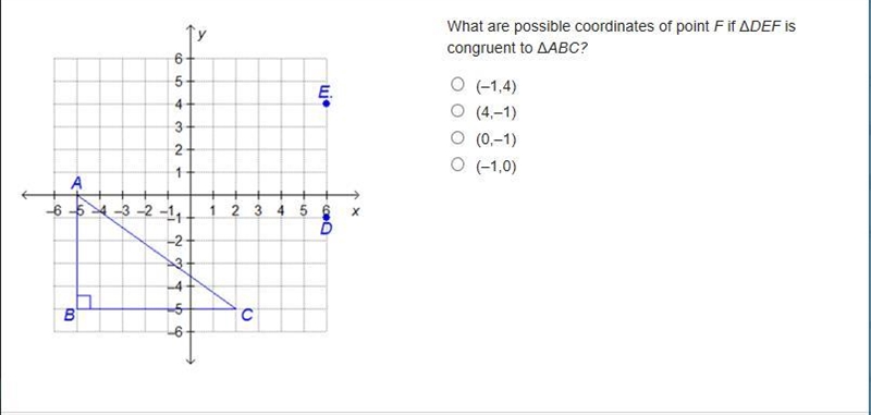 What are possible coordinates of point F if ΔDEF is congruent to ΔABC?-example-1