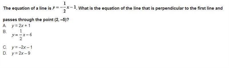 The equation of a line is y= -1/2x - 1 What is the equation of the line that is perpendicular-example-1