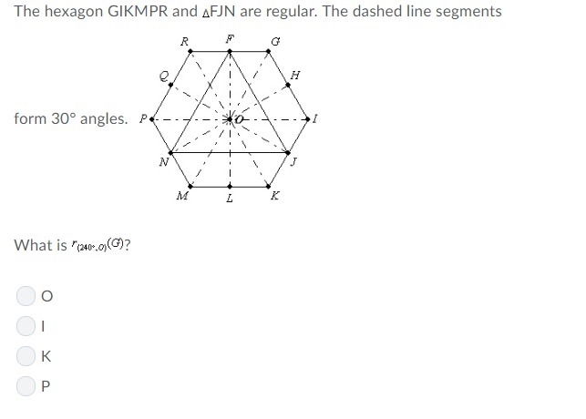 The hexagon GIKMPR and FJN are regular. The dashed line segments form 30° angles.-example-1