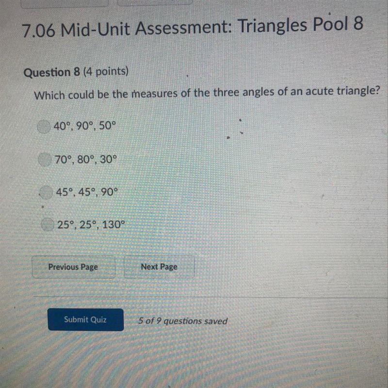 Which could be the measure of three angles of an acute triangle?-example-1