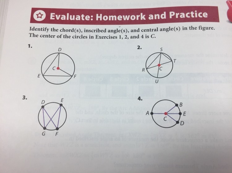 I need help with all four Identify the cords, inscribed angles, and central angles-example-1