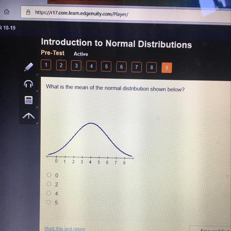 What is the mean of the normal distribution shown below? 0 2 4 5-example-1