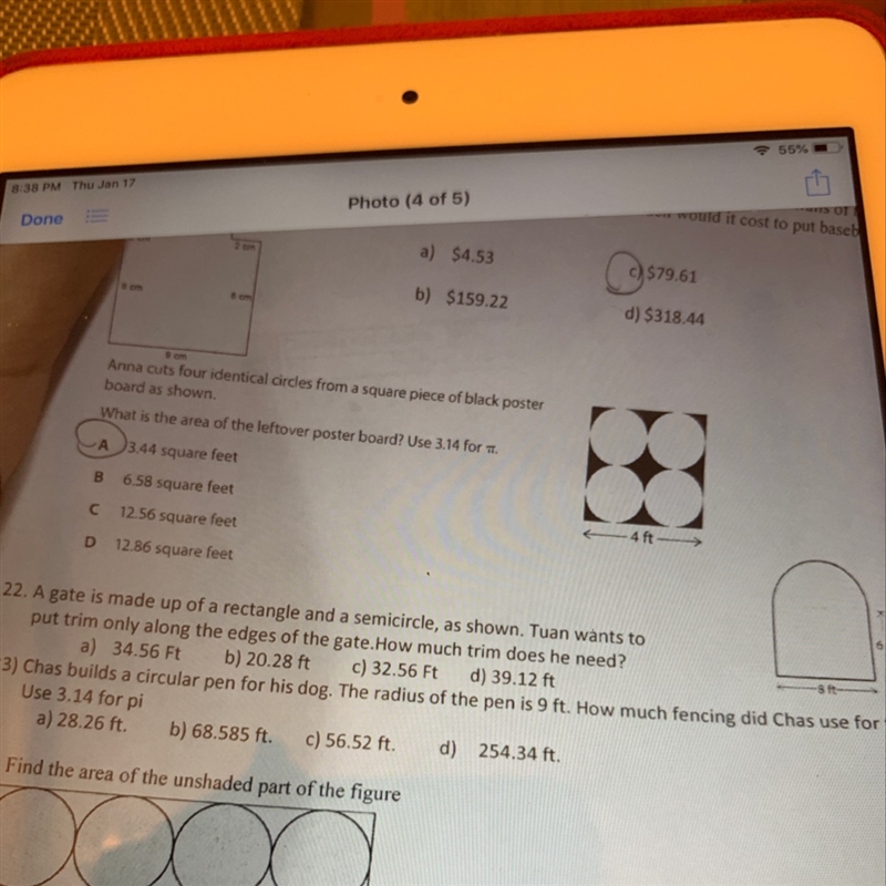 A gate is made up of a rectangle and a semicircle as shown. Tuan wants to put a trim-example-1