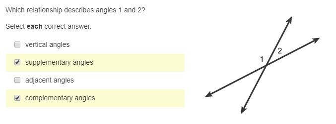 Please help! 15 points! Which relationship describes angles 1 and 2? Select each correct-example-1