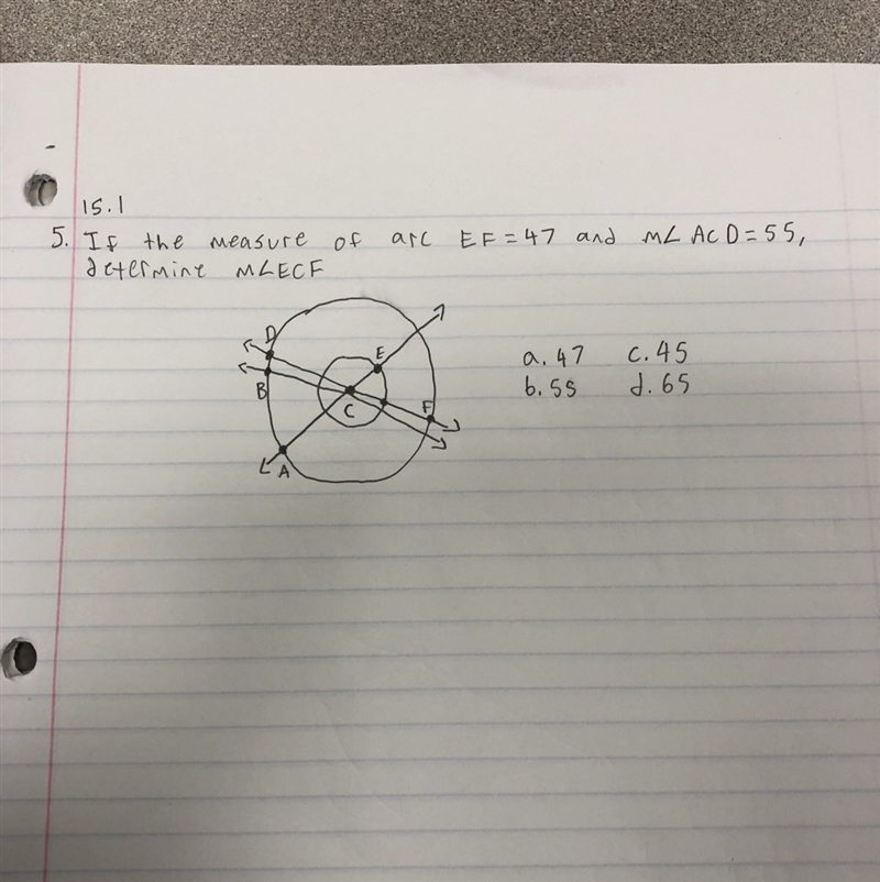 If the measure of arc EF=47 and the measure of angle ACD=55, determine the measure-example-1