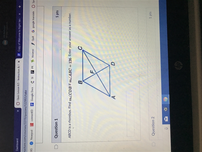 ABCD is a rhombus. Find CDB if ABC= 126.-example-1