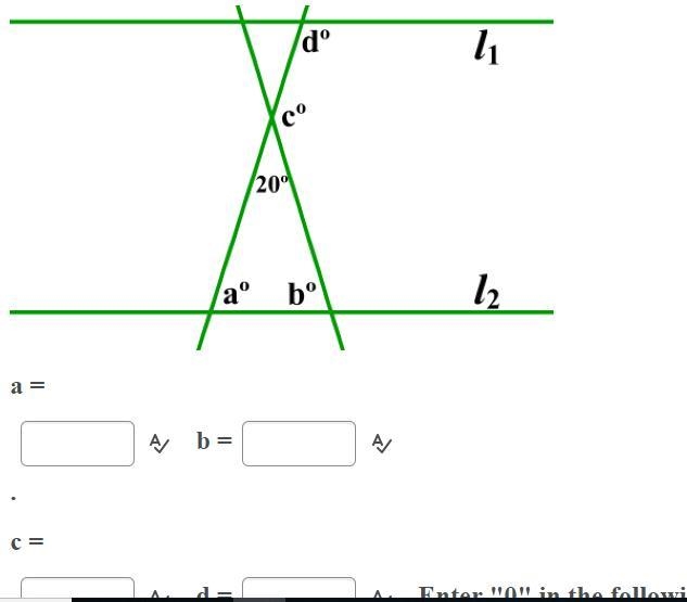 Plz help me ://// Below, l1∥l2, and aº = bº. Find the values of a, b, c, and d.-example-1