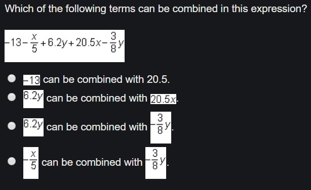 Which of the following terms can be combined in this expression?-example-1