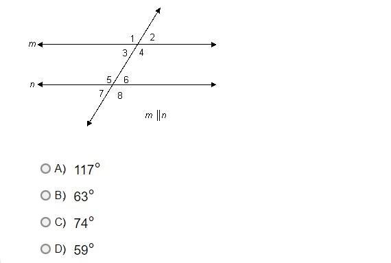 Line m is parallel to line n. The measure of angle 5 is 117°. What is the measure-example-1