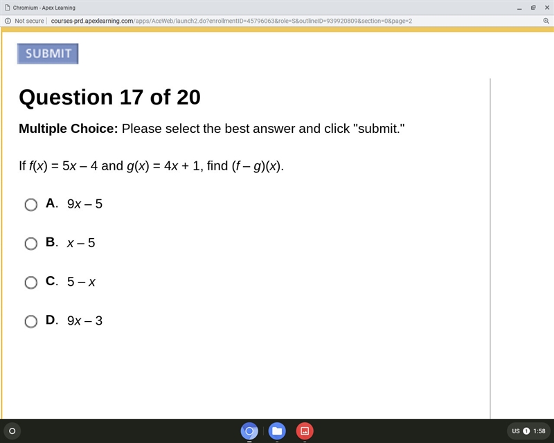 If f(x)=5x-4 and g(x)=4x+1, find (f-g)-example-1