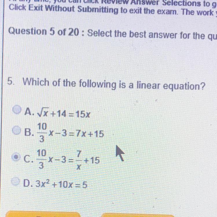 5. Which of the following is a linear equation? PLEASE HELPP!!-example-1