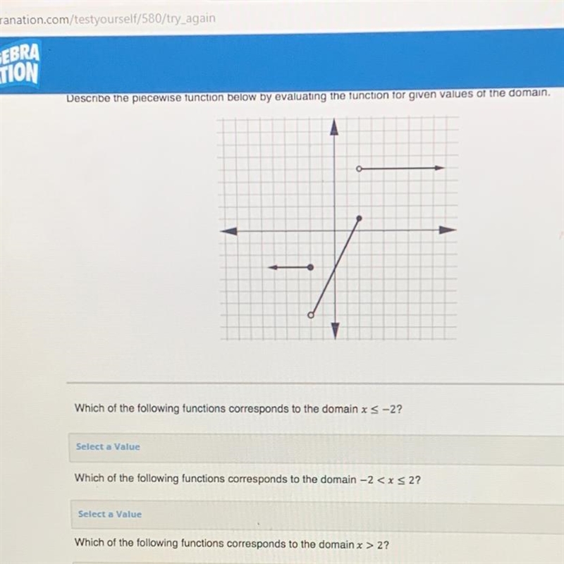 Describe the piece wise function below by evaluating the function for given values-example-1