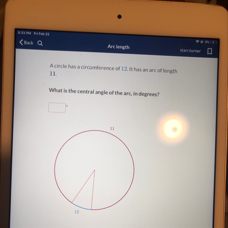 A circle has a circumference of 12. It has an arc of length 11.-example-1