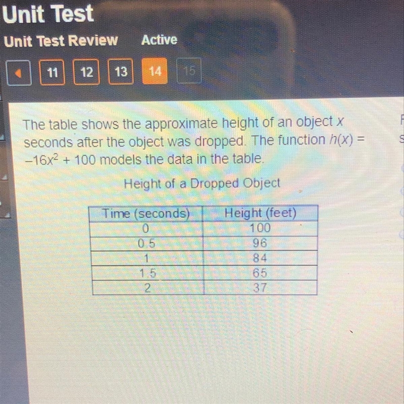 The table below shows the approximate height of an object x seconds after the object-example-1