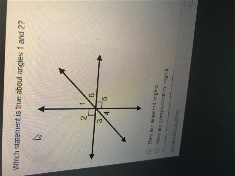 20 Points! Answer ASAP! Which statement is true about angles 1 and 2? (image below-example-1