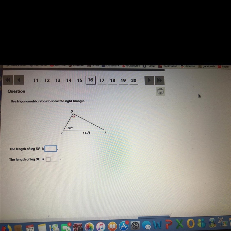 Use trigonometric ratios to solve the right triangle. The length of leg DF is WARRAND-example-1