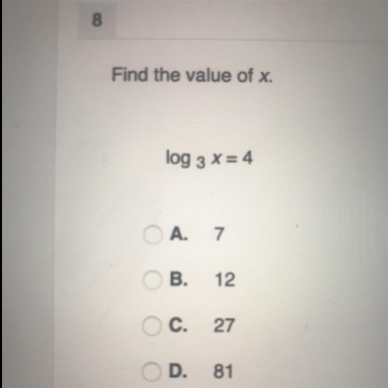 Find the value of x. log 3 x=4-example-1