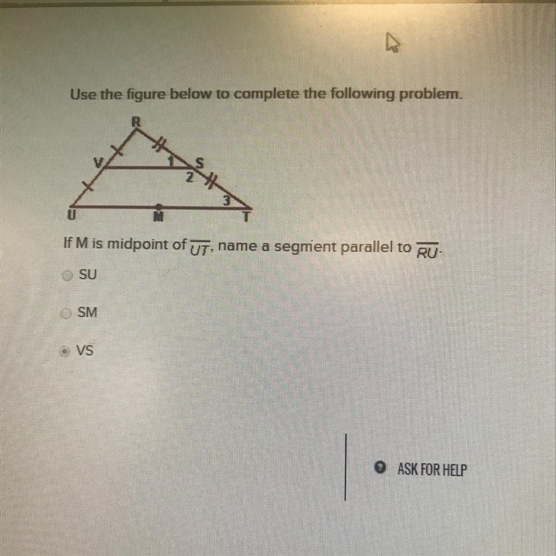 If M is midpoint of UT, name a segment parallel to RU-example-1