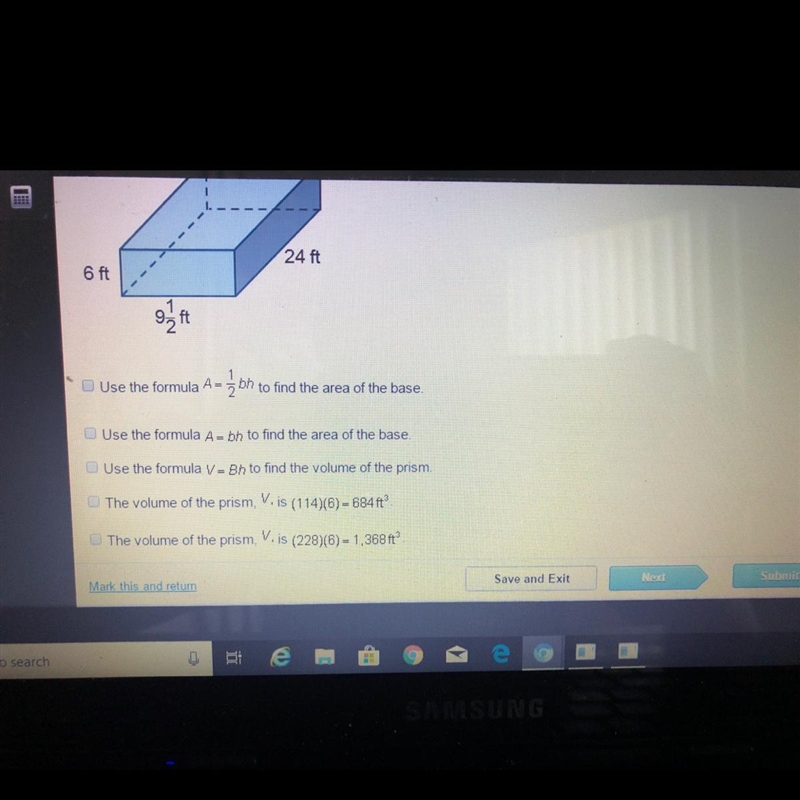 Which steps should be taken to calculate the volume of the prism?Check all that apply-example-1