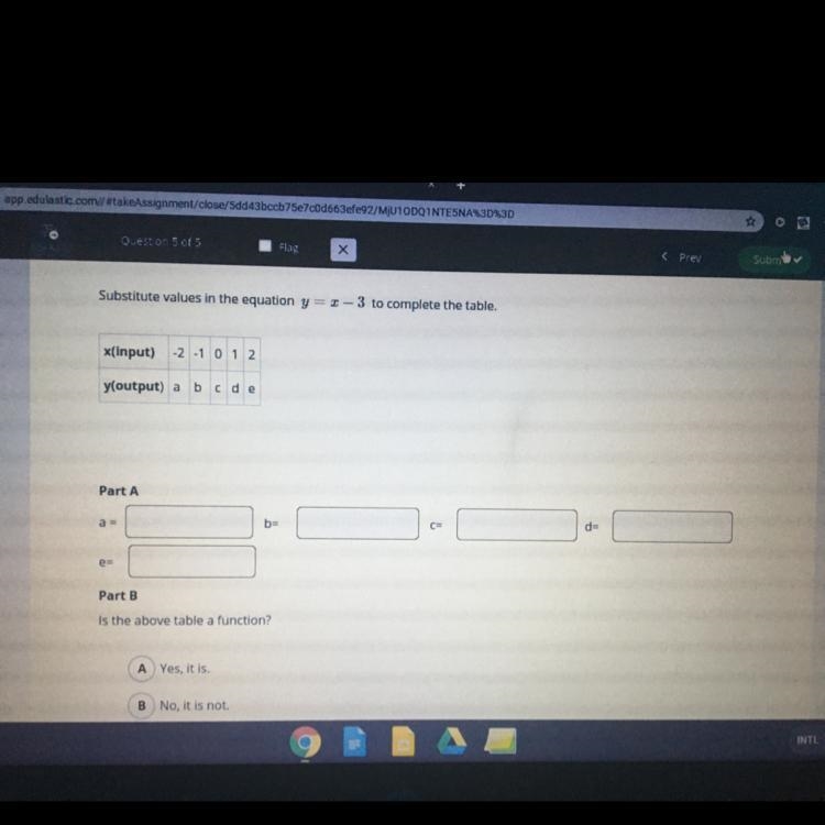 Substitute values in the equation y = 1-3 to complete the table. Part A. x(input) -2 ,-1 ,0, 1, 2 y-example-1