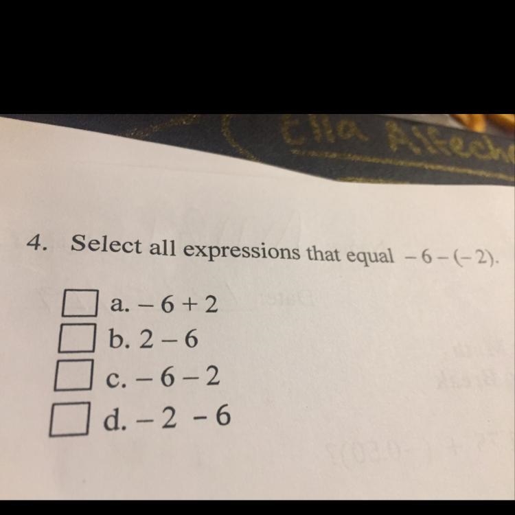 Select all expressions that equal -6-(-2)-example-1