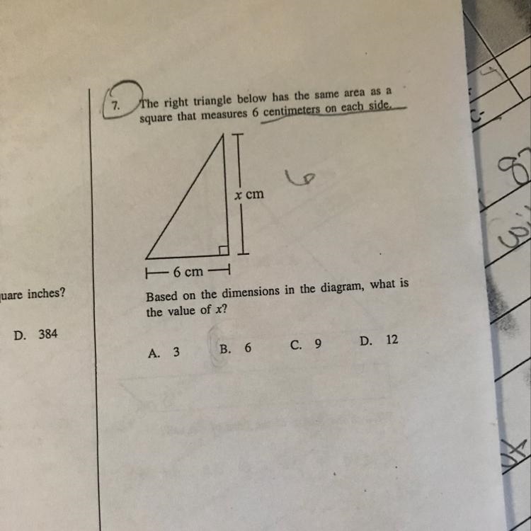 The right triangle below has the same area as a square that mattress 6 cm on each-example-1