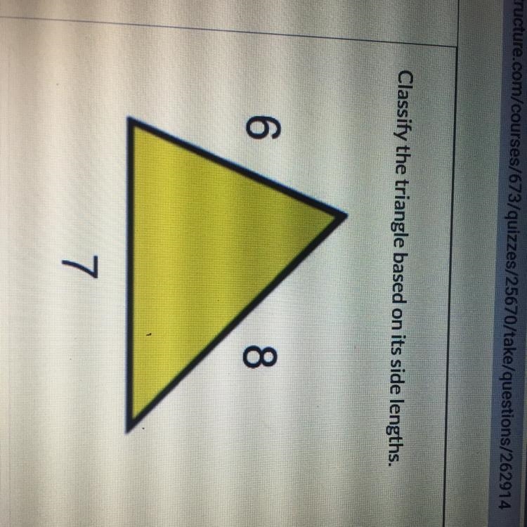 Classify the triangle based on its side length A. Scalene triangle B. Isosceles triangle-example-1