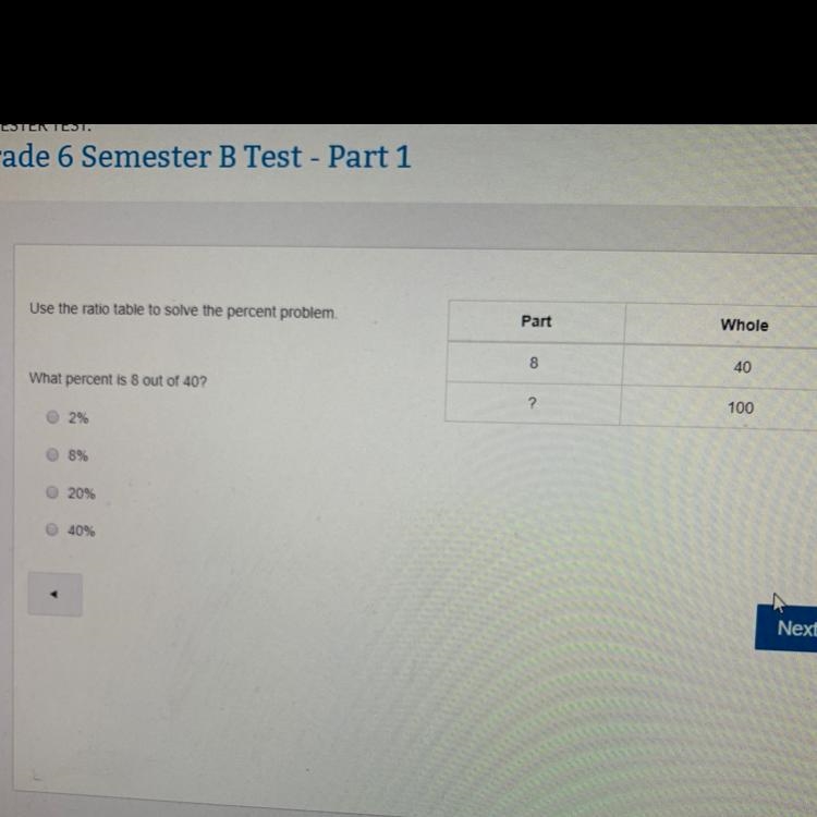 Use the ratio table to solve the percent problem what percent is 8 out of 40-example-1