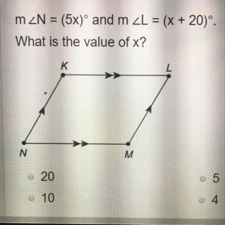 M What is the value of x? A. 20 B. 10 C. 5 D. 4-example-1