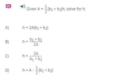 Given A = 1 2 (b1 + b2)h, solve for h.-example-1