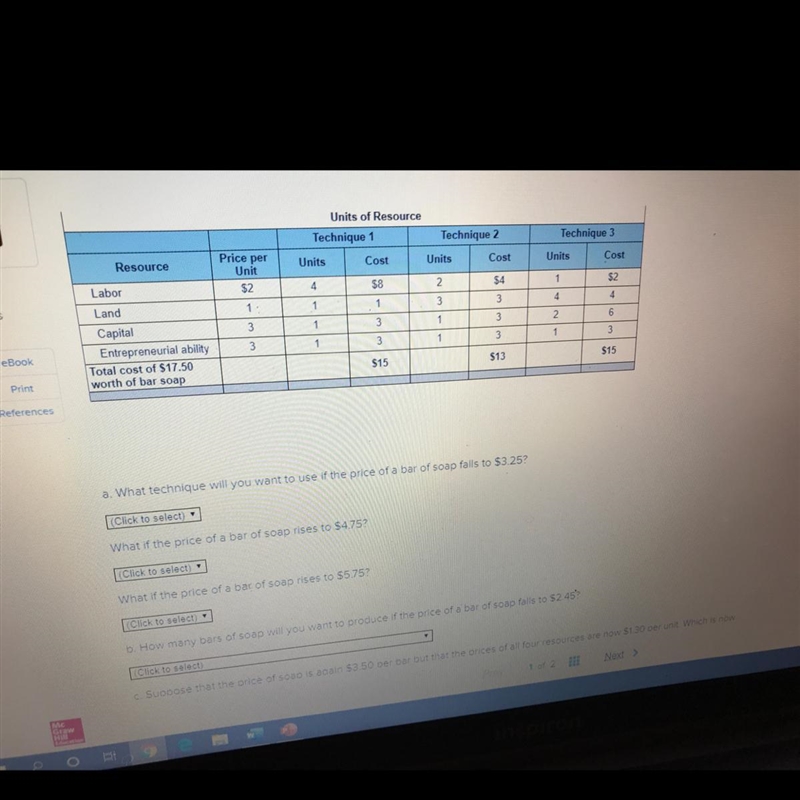 The table below contains information on three techniques for producing $17.50 worth-example-1