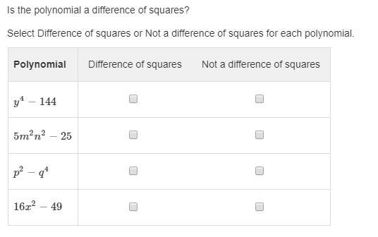 Is the polynomial a difference of squares? Select Difference of squares or Not a difference-example-1