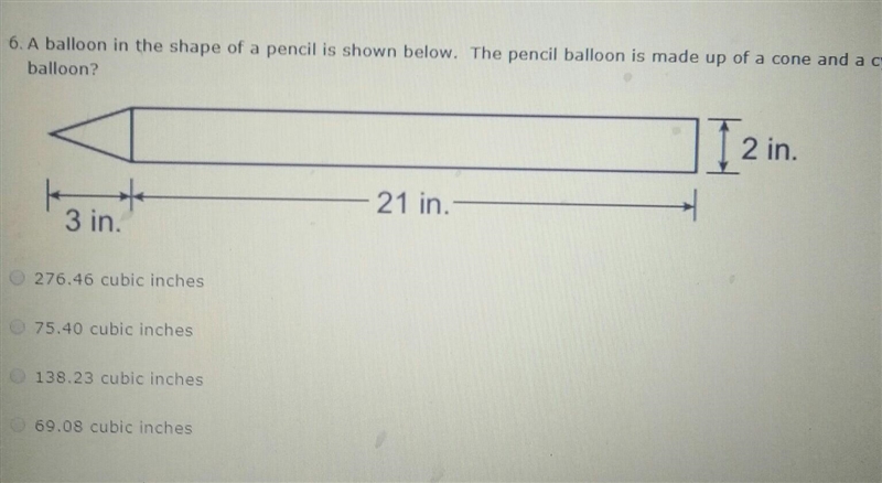 a balloon is the shape of a pencil is shown below. The pencil is made up of a cone-example-1