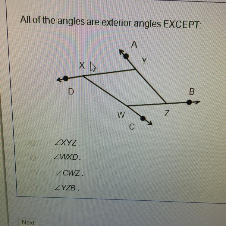 All of the angles are exterior angles EXCEPT:-example-1