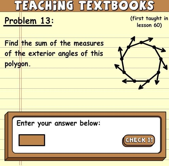 Find the sum of the measures of the exterior angles of this polygon.-example-1