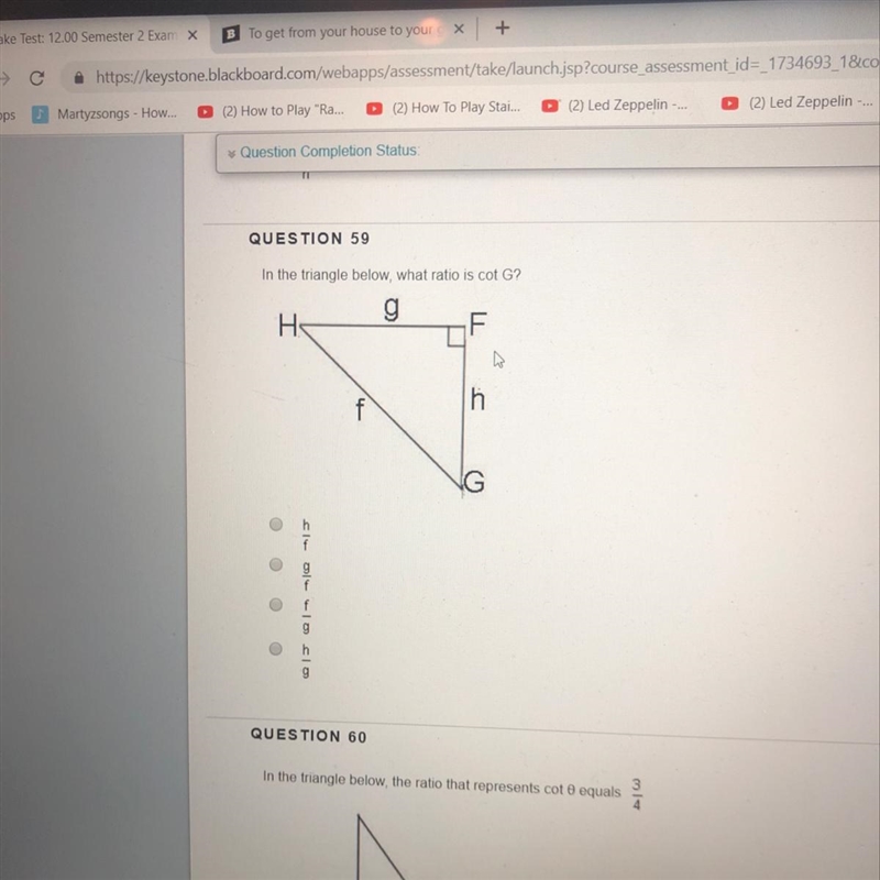 In the triangle below what ratio is cot G-example-1