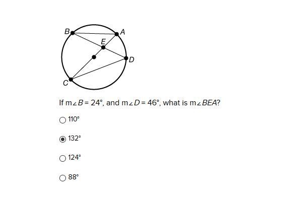 If m∠B = 24°, and m∠D = 46°, what is m∠BEA?-example-1