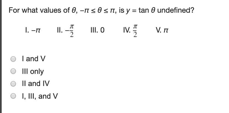 For what values of θ, −π ≤ θ ≤ π, is y = tan θ undefined?-example-1