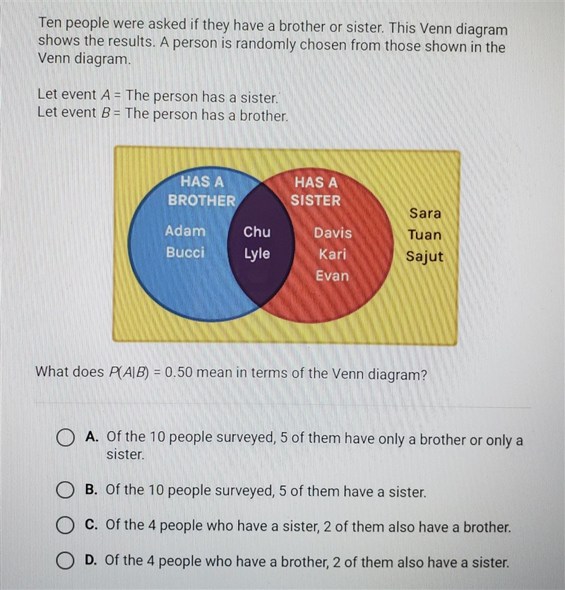 ten people were asked if they have a brother or sister. this Venn diagram shows the-example-1