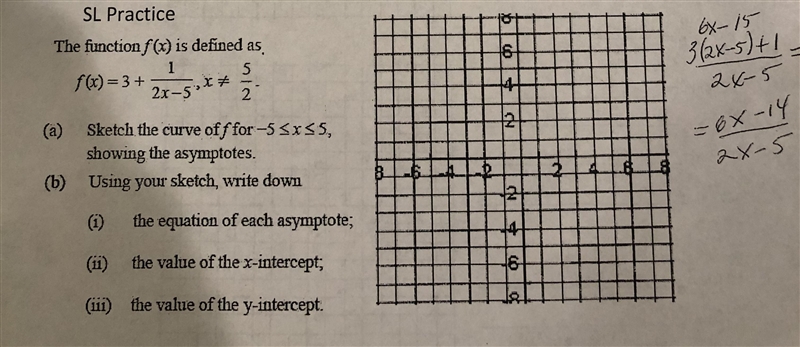 The function f(x) is defined as, f(x) = 3 + (1)/(2x-5), x ≠ (5)/(2) (a) Sketch the-example-1