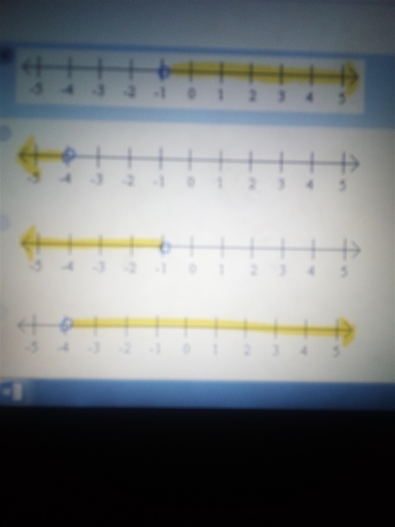 DUE TODAY HELP which shows this inequality graphed on a number line? -2x + 3 < 5 A-example-1