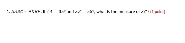 ∆ABC ~ ∆DEF. If ∠A=35° and ∠E=55°, what is the measure of ∠C?-example-1