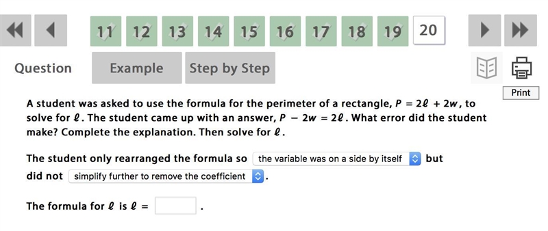 A student was asked to use the formula for the perimeter of a rectangle, P = 2ℓ + 2w-example-1