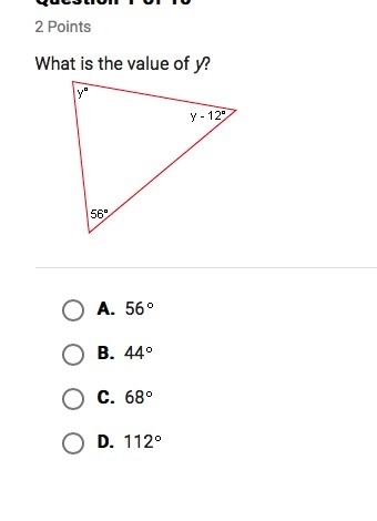 What is the value of y? A.56 B.44 C.68 D.112-example-1