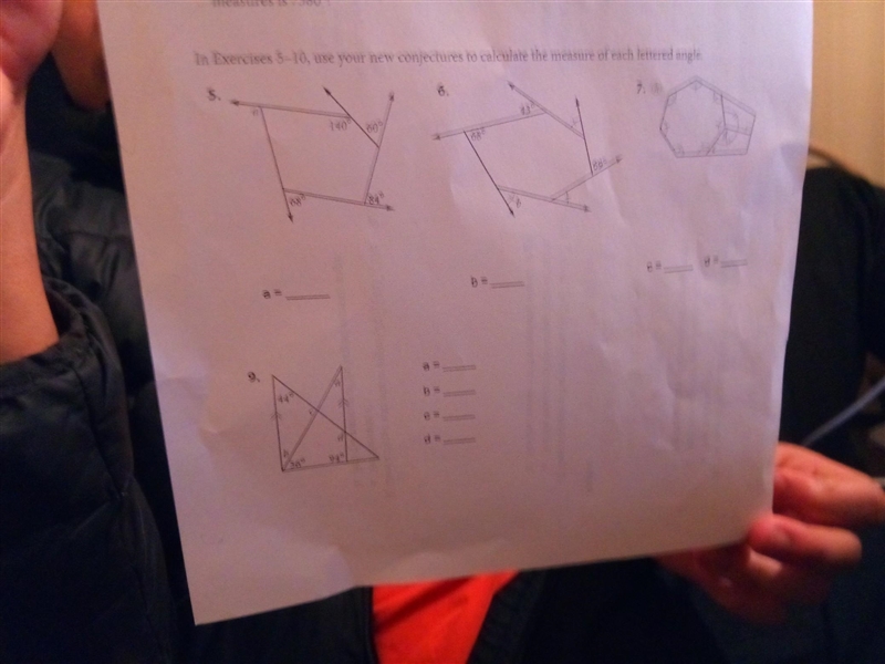 In exercises 5-10, use your new conjectures to calculate the measure of each lettered-example-1