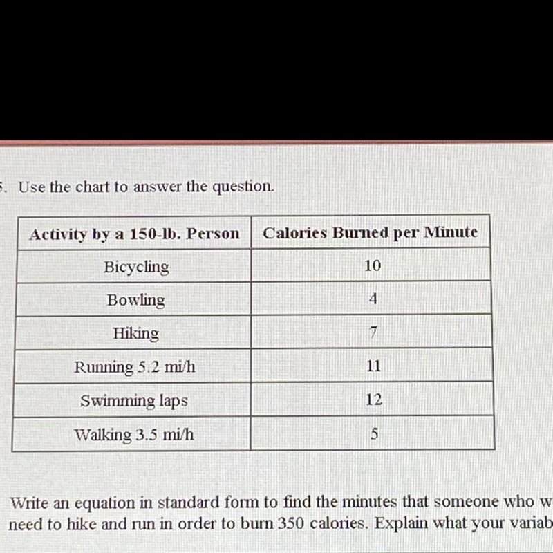 write an equation in standard form to find the minutes that someone who weighs 150 lb-example-1